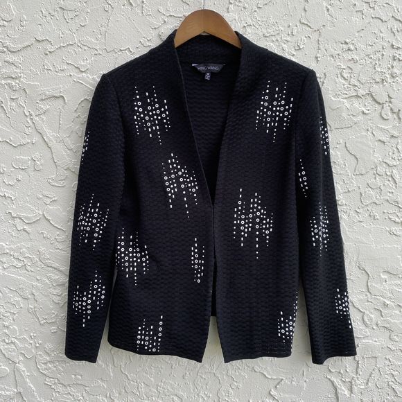 Ming Wang M Blazer Jacket Sweater Knit Black Artsy Art To Wear Hook Eye Acrylic - Picture 1 of 5